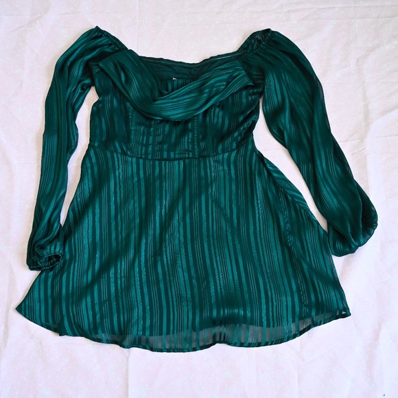 Altar’d State Green Striped Satin Long Sleeve Flowy Mini Dress - Picture 1 of 3